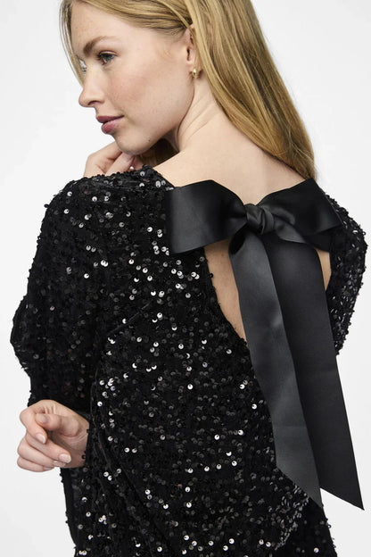 Bow-Back Glitter Mini Dress