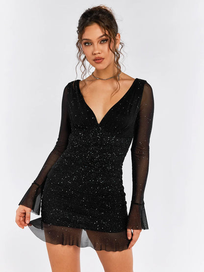 Meliora | Sparkly deep-V mesh mini dress